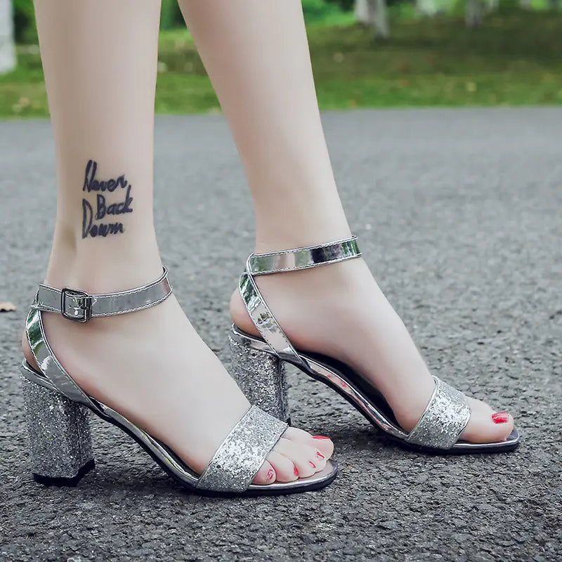 Style Open Toe Chunky Heel Rhinestone Pumps