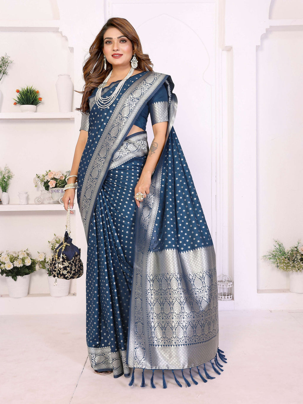 Navy Blue Georgette Silk Saree with Zari Weaving Details
