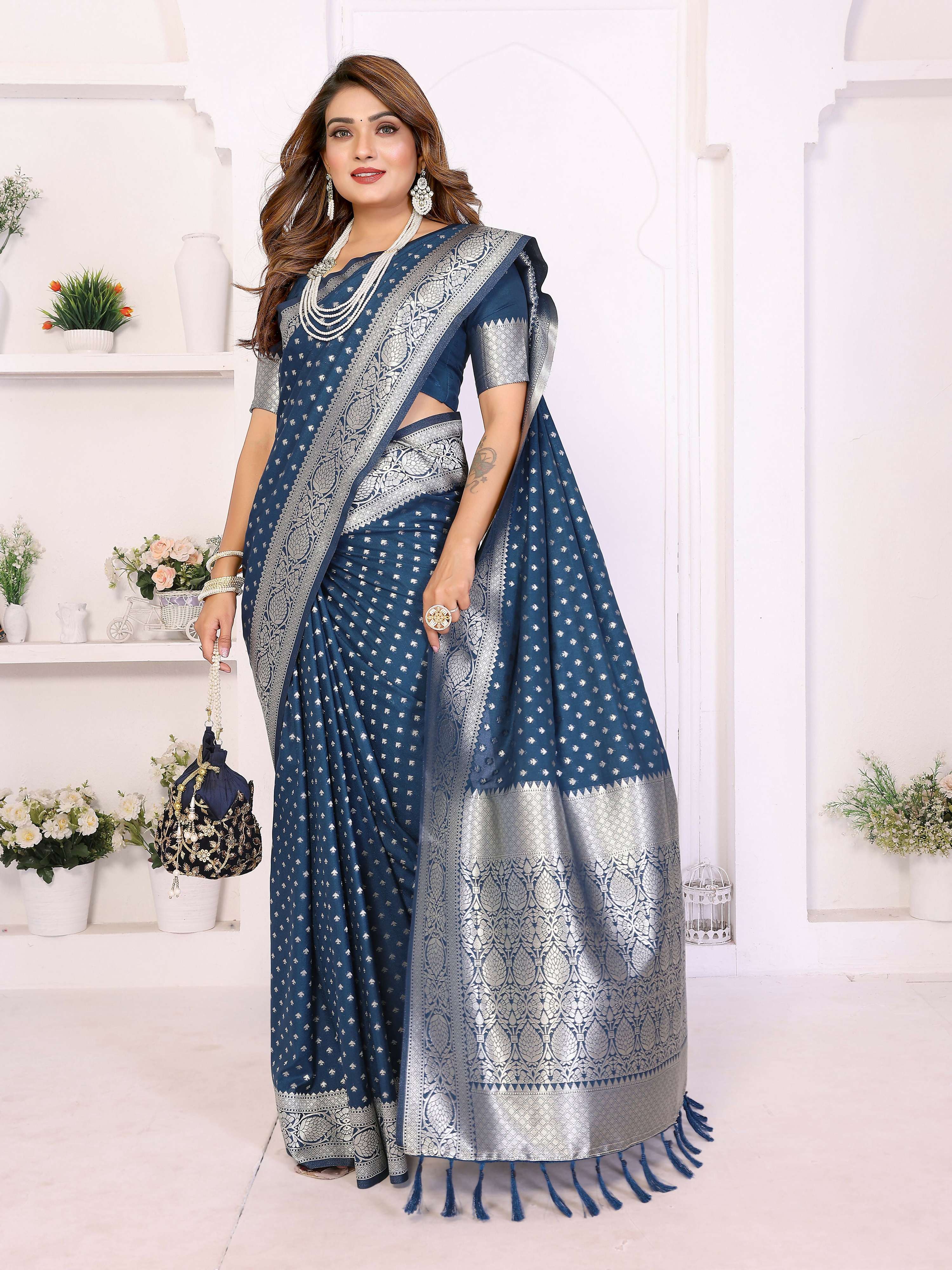 Navy Blue Georgette Silk Saree with Zari Weaving Details
