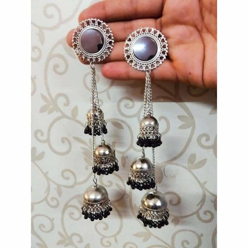Traditional Kashmiri black pearl and stone long drop earrings