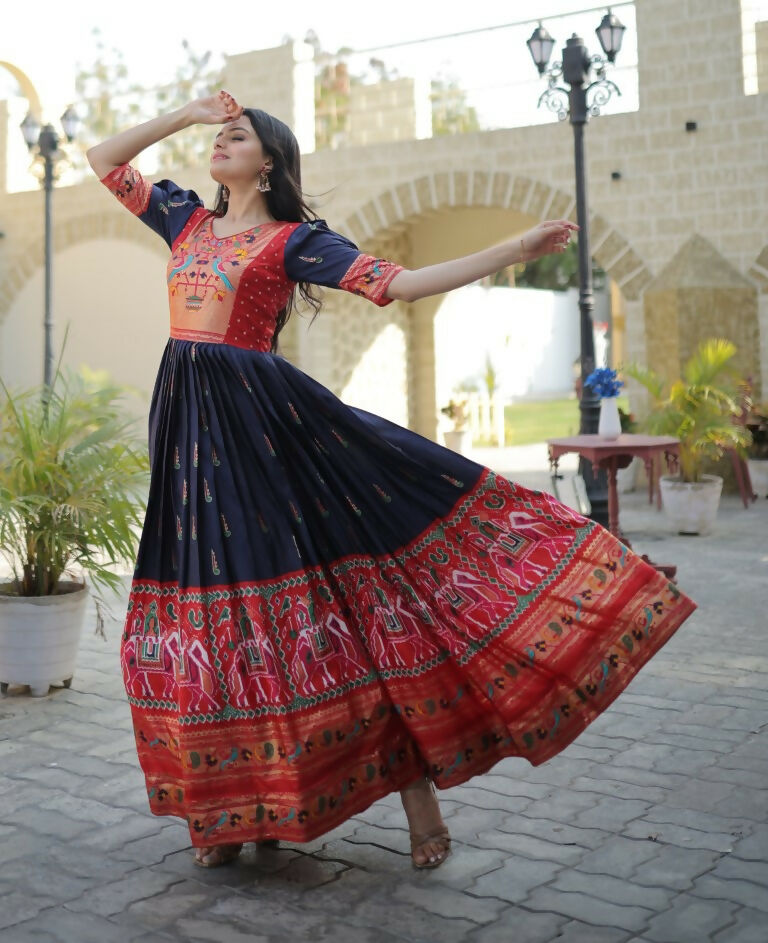 Navy Blue Patola Print Dola Silk Anarkali Dress with Foil