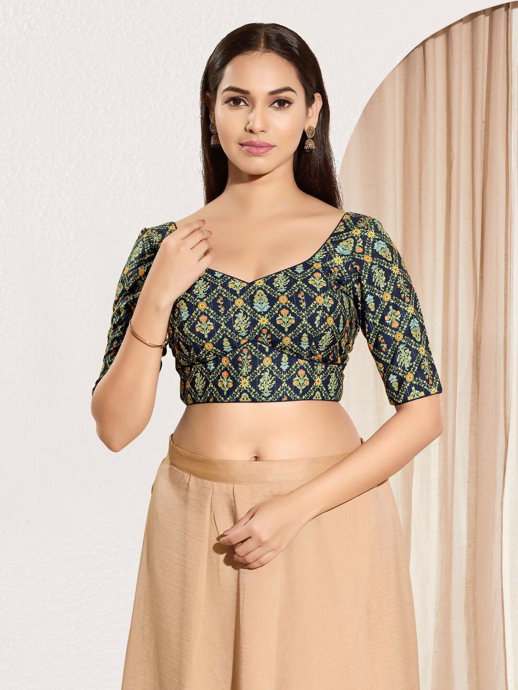 Joban Fashion Navy Blue Viscose Rayon Padded Blouse With Sweetheart Neck Elbow Sleeves