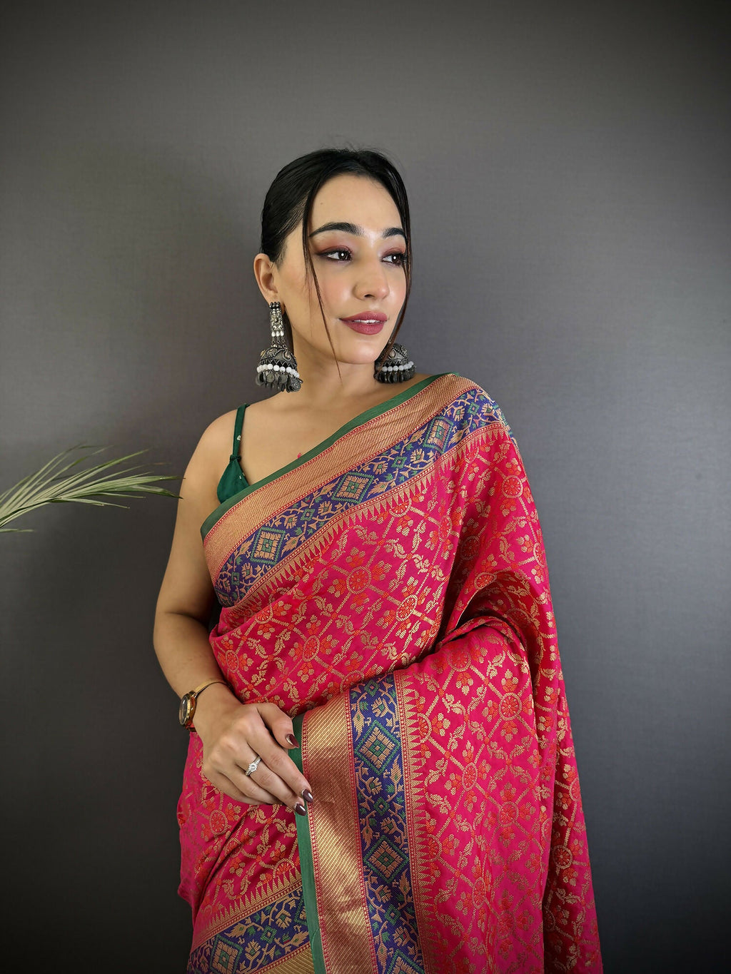 Hot Pink Patola Soft Silk Saree with Matching Blouse Piece