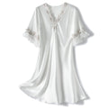 Lus Chic Womens Satin Nightgown Summer Luxury Soft Lace Short Sleeve V Neck Sleep Shirt Sleepwear White XL