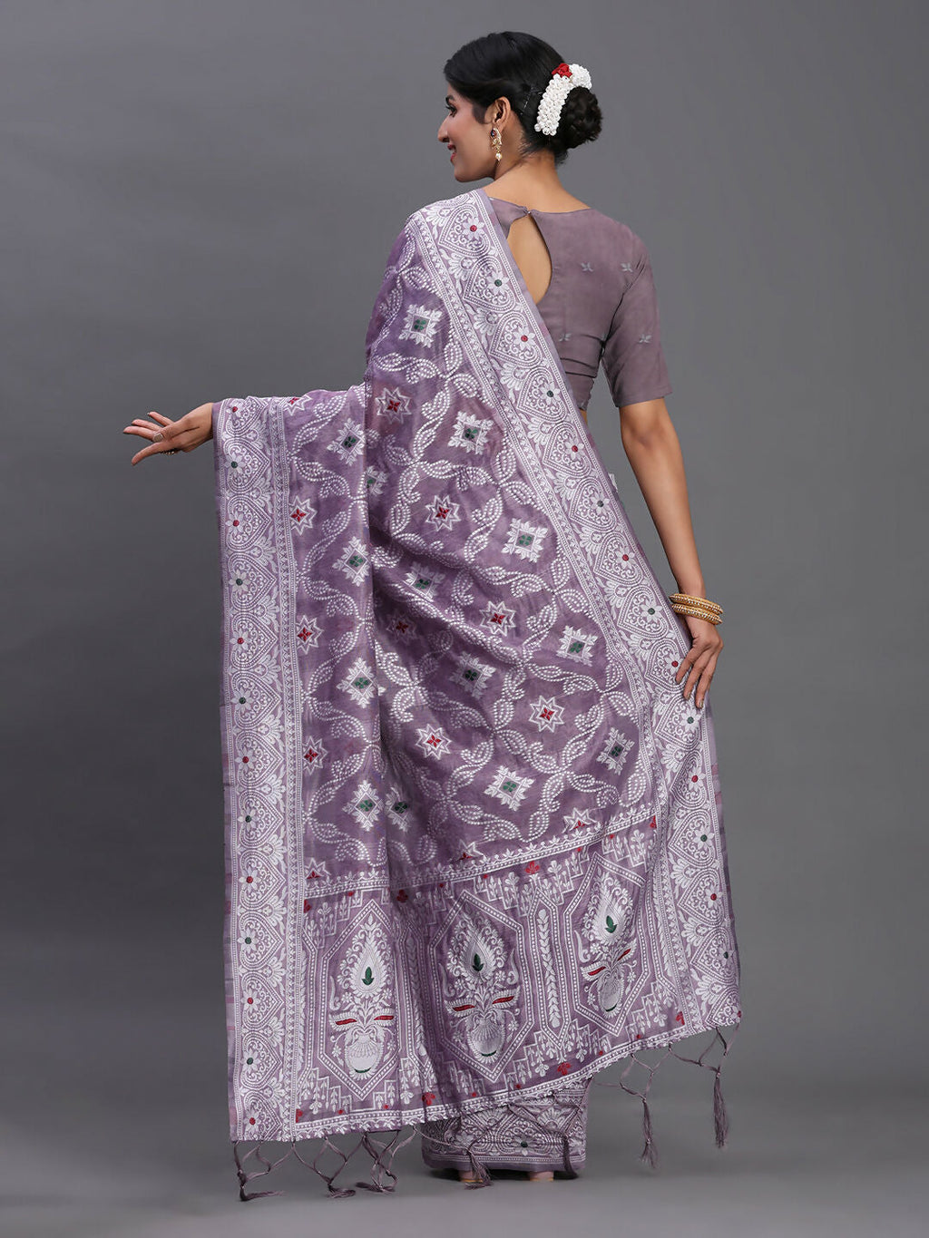 Violet Linen Cotton Saree with Traditional Ethnic Patterns