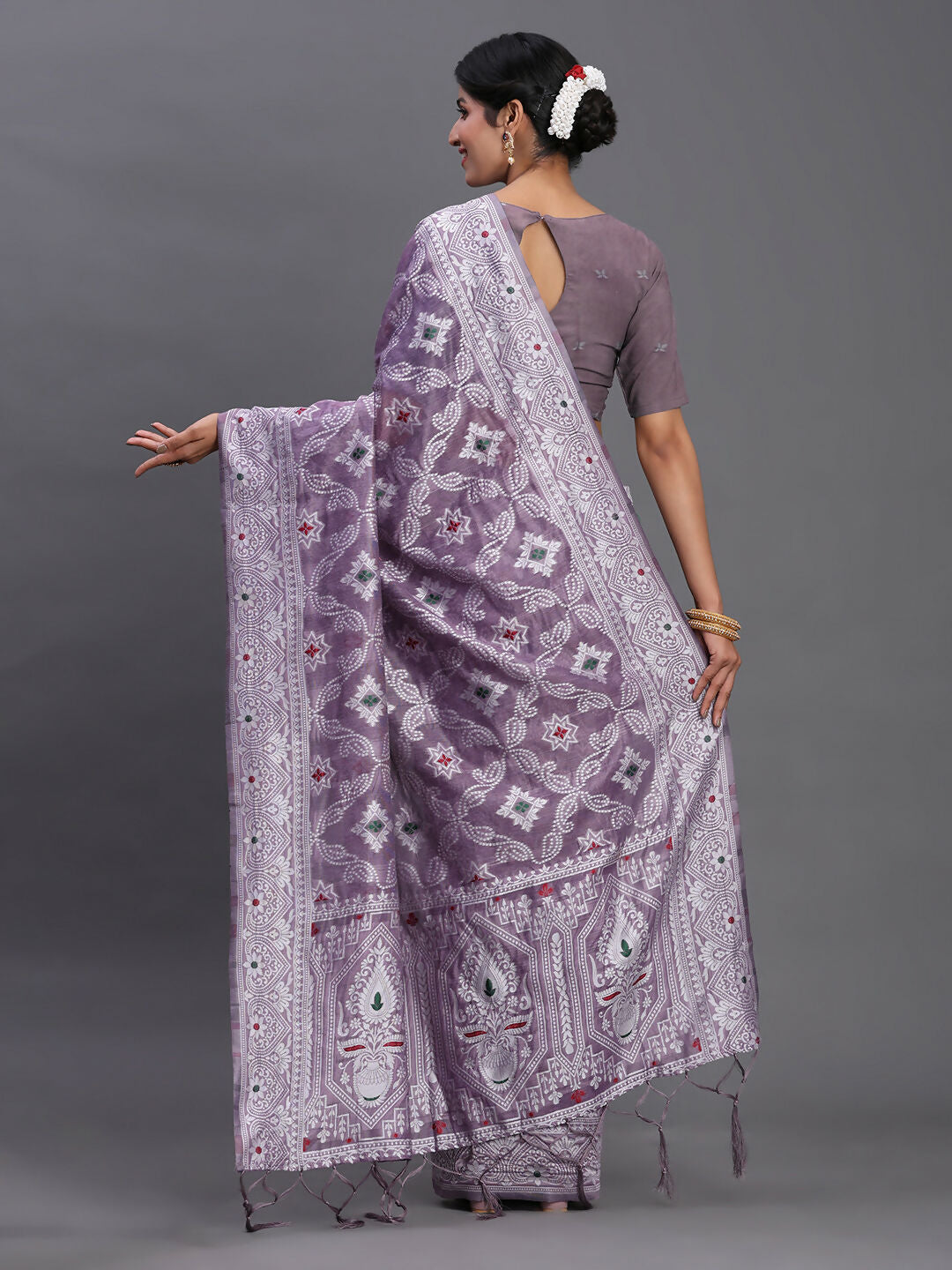 Violet Linen Cotton Saree with Traditional Ethnic Patterns