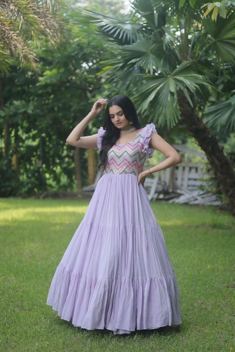 Women's Purple Sequins Thread Embroidery Faux Georgette Anarkali