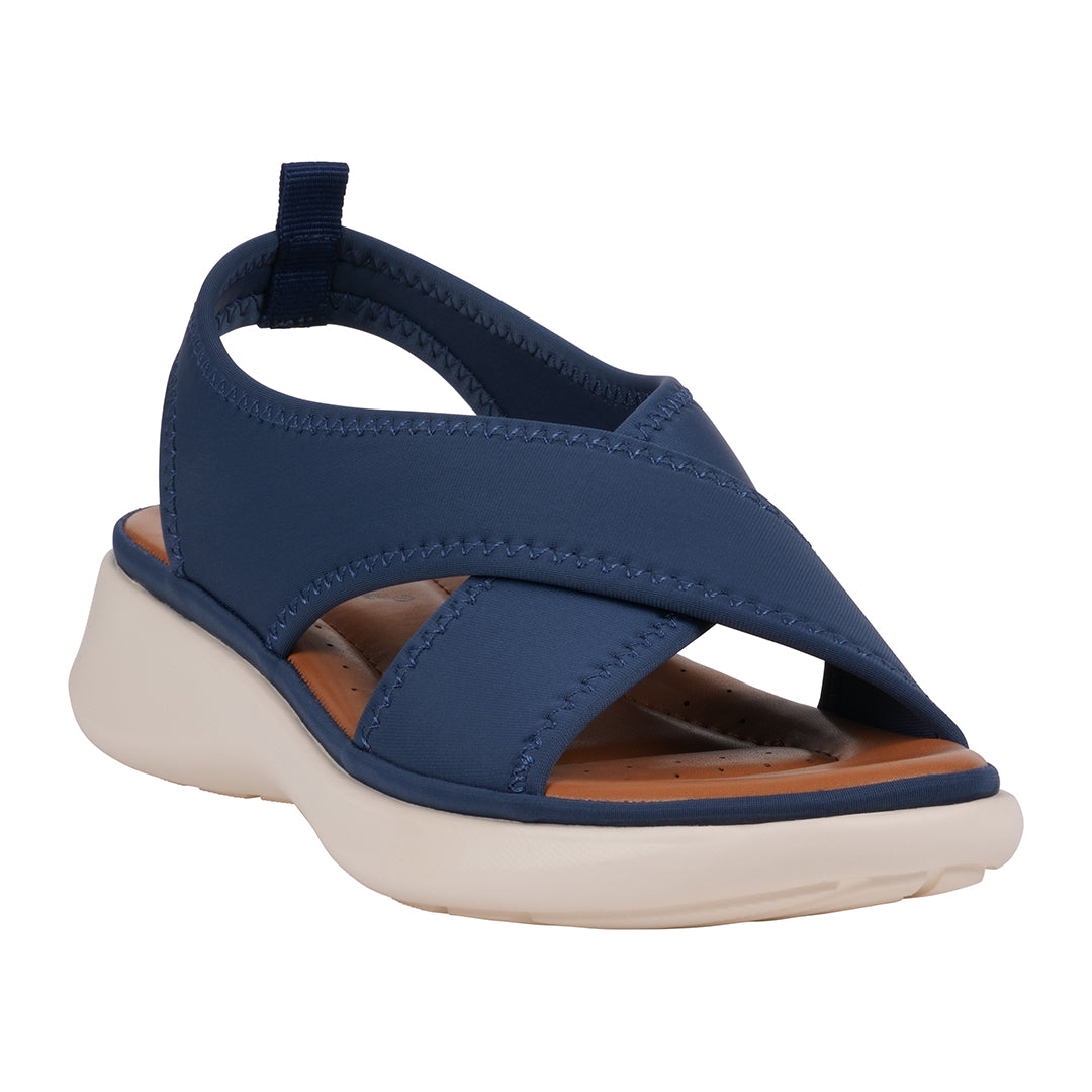A pair of comfortable navy blue Lycra wedge sandals with a crisscross strap design.
