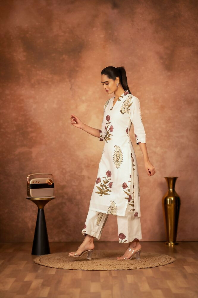 Off White Red Floral Hand Block Printed Cotton Kurta Pant Set