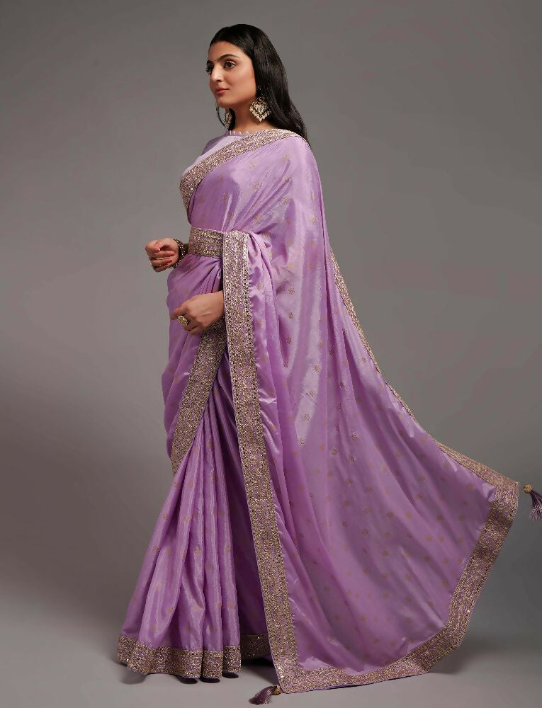 Onion Chinon Silk Saree with Elegant Embroidery Lace Border
