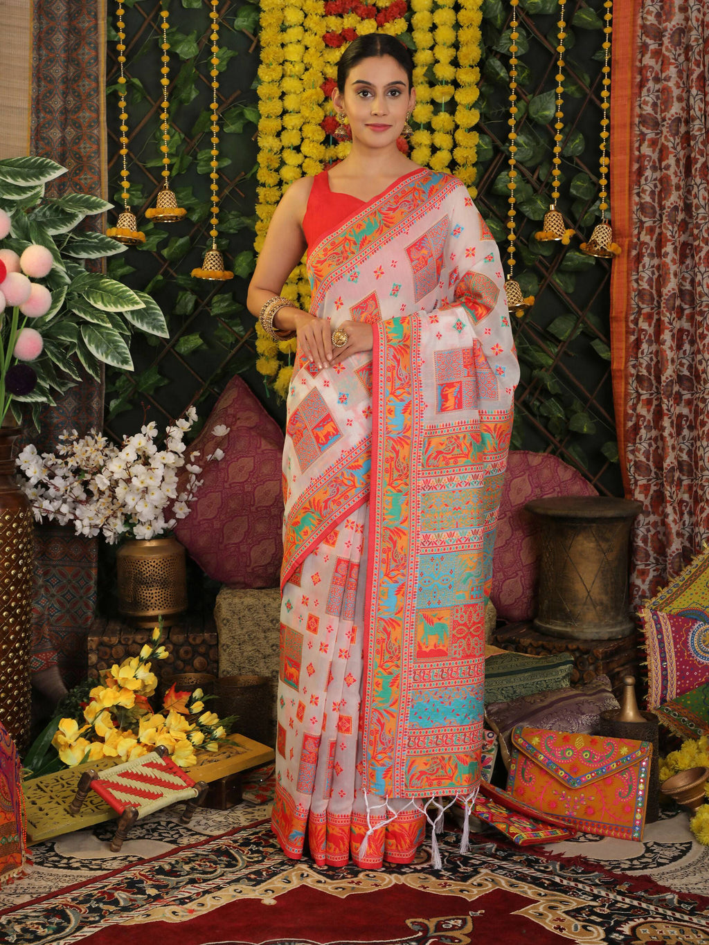 White Linen Cotton Saree with Matching Blouse for Minimalists