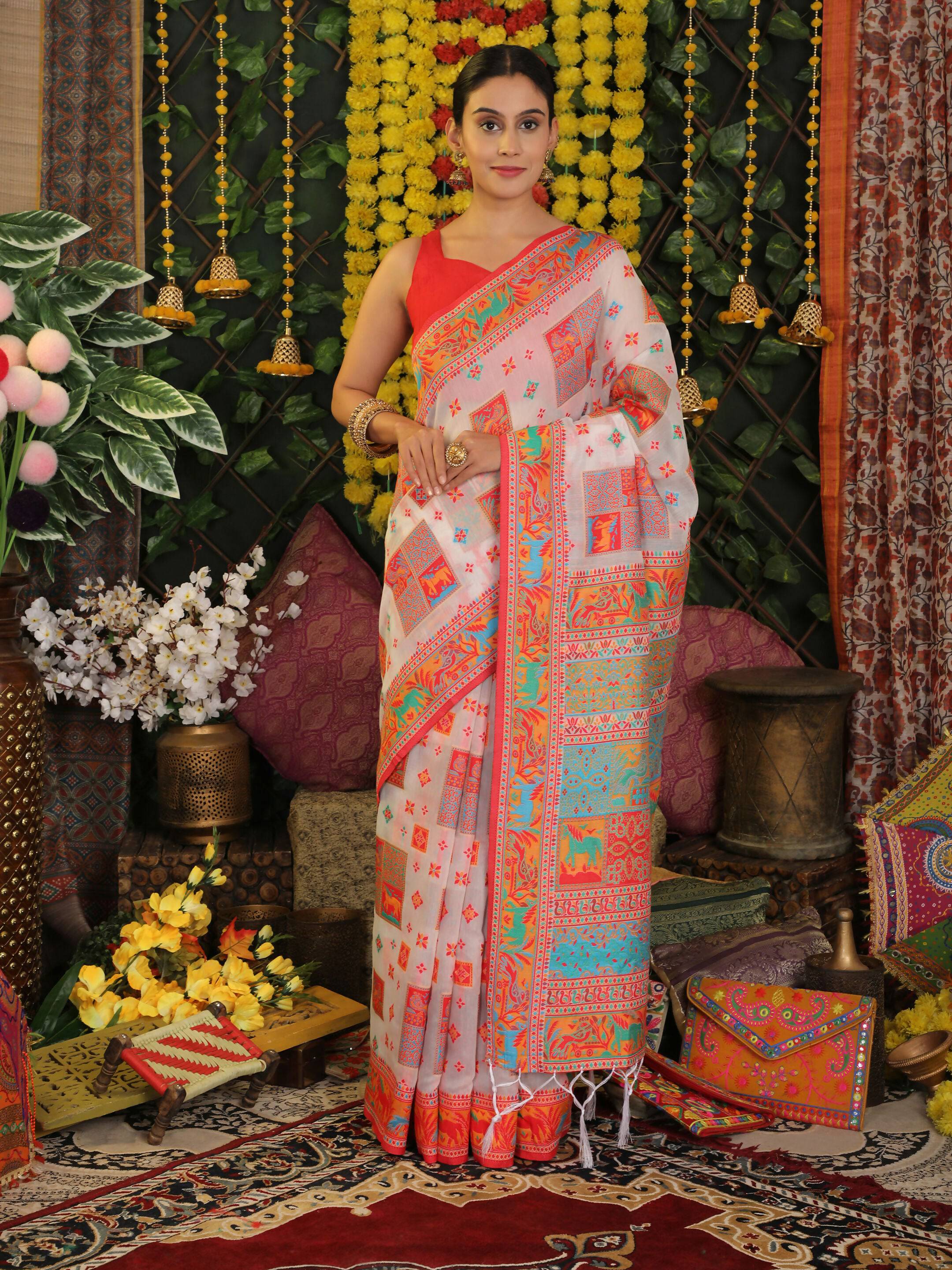 White Linen Cotton Saree with Matching Blouse for Minimalists