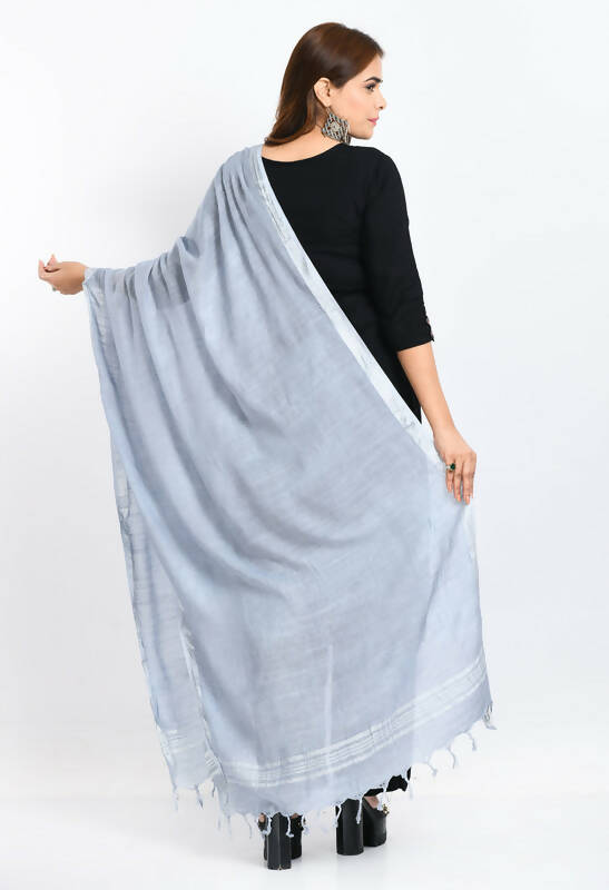 Grey Linen Cotton Dupatta with Silver Border