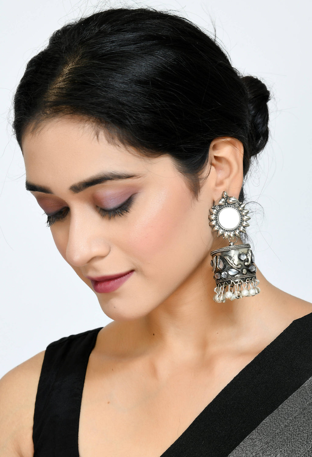Johar Kamal Silver Oxidised Jhumka Earrings with Kundan Accents