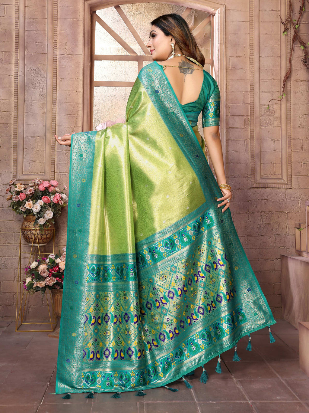 Pista Banarasi Tissue Silk Weaving Saree with Sea Green Blouse