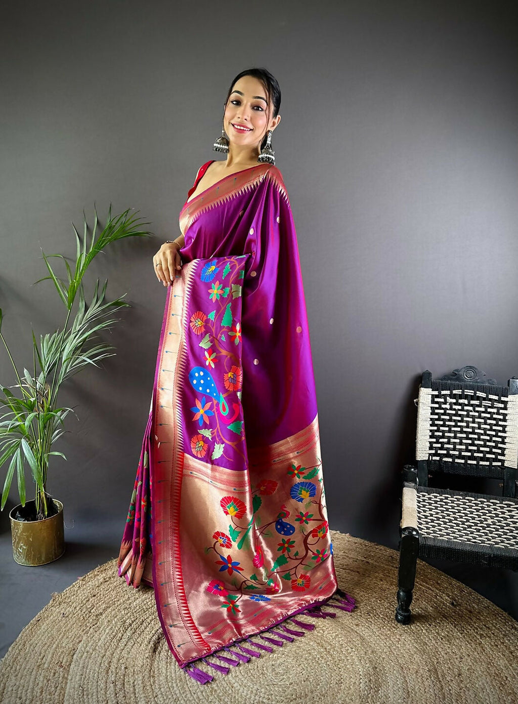 Rani Pink Paithani Saree with Traditional Motifs and Blouse Piece