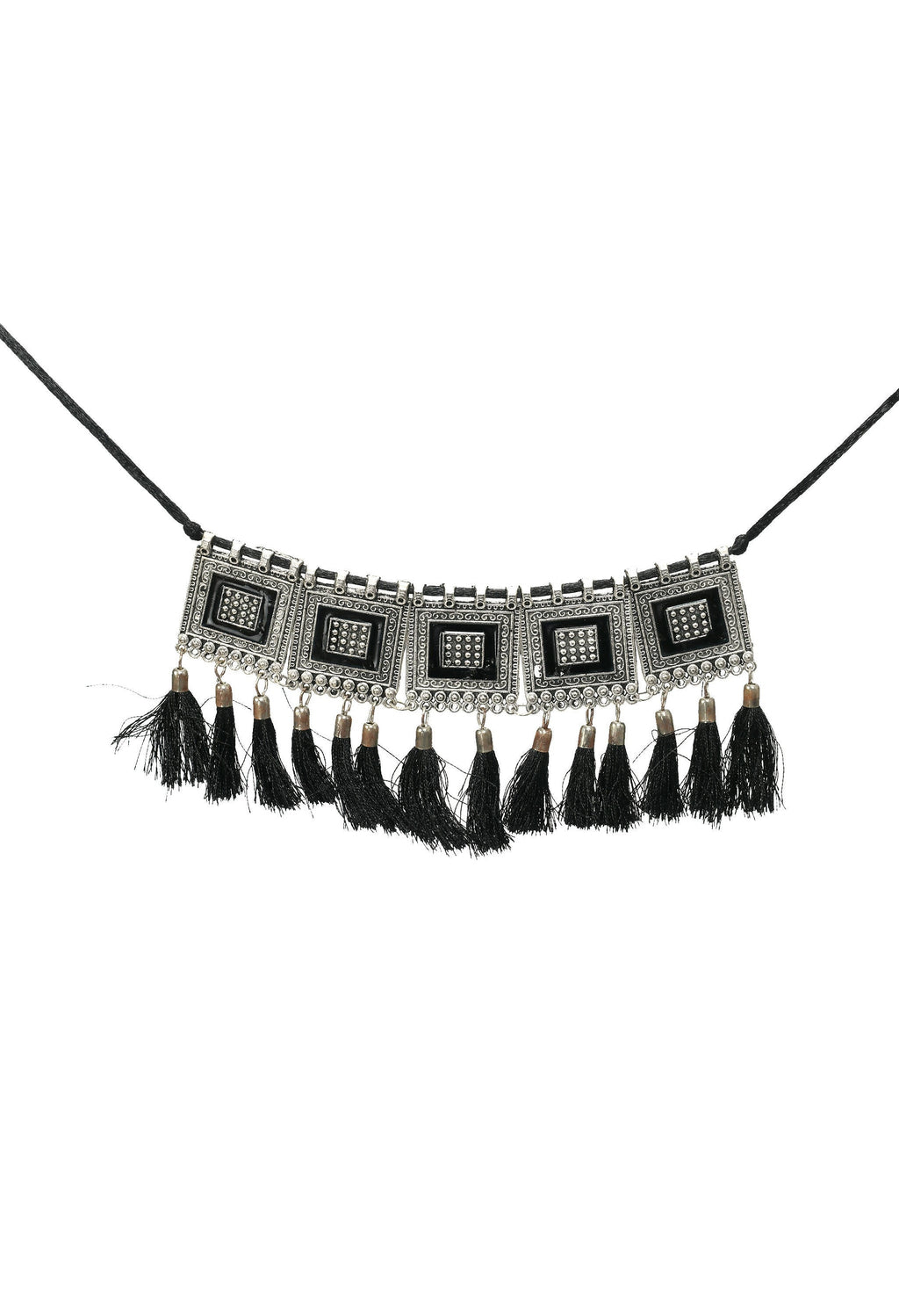 Oxidised Silver-Plated Brass Tassel Choker Necklace for Women