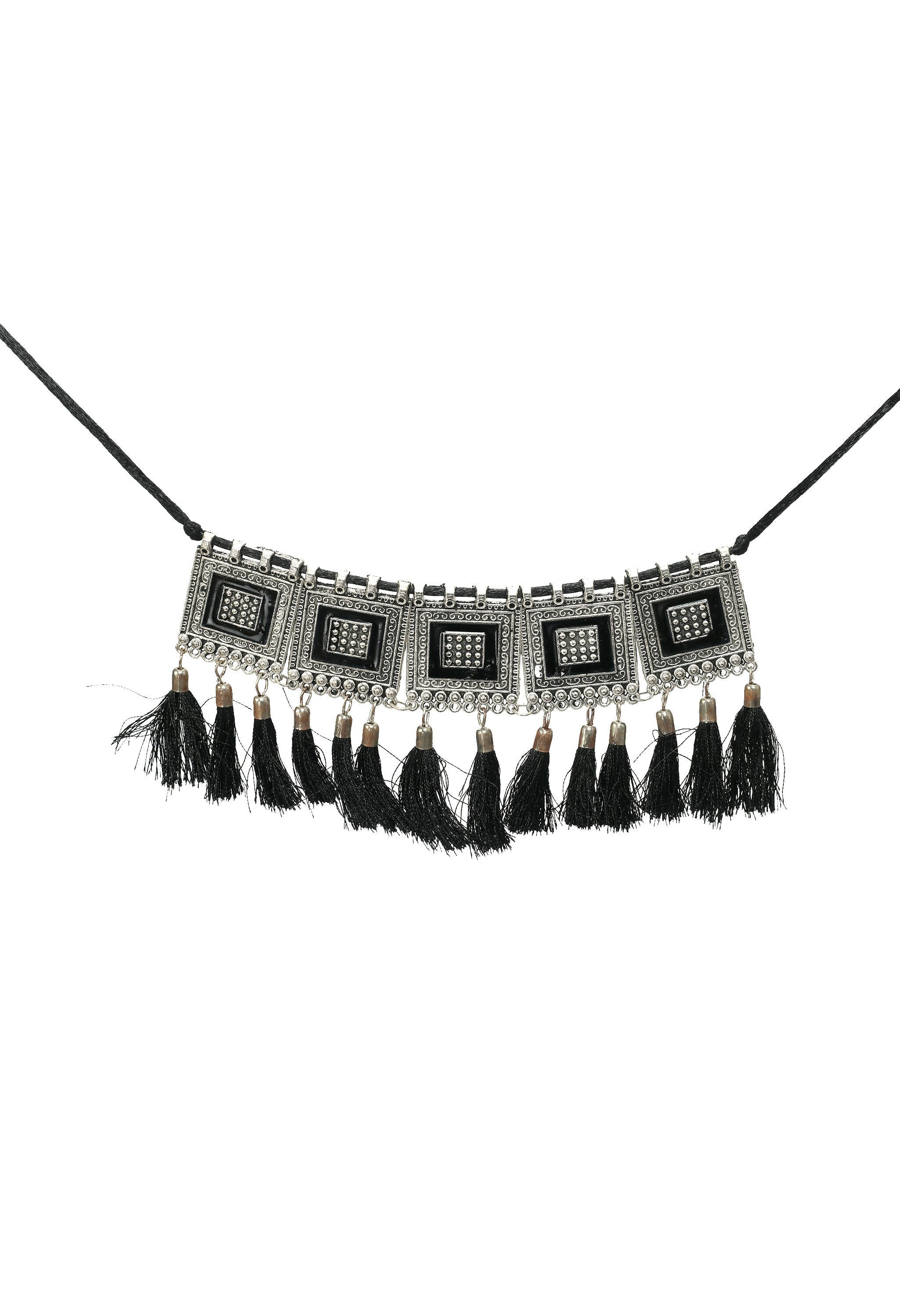 Oxidised Silver-Plated Brass Tassel Choker Necklace for Women