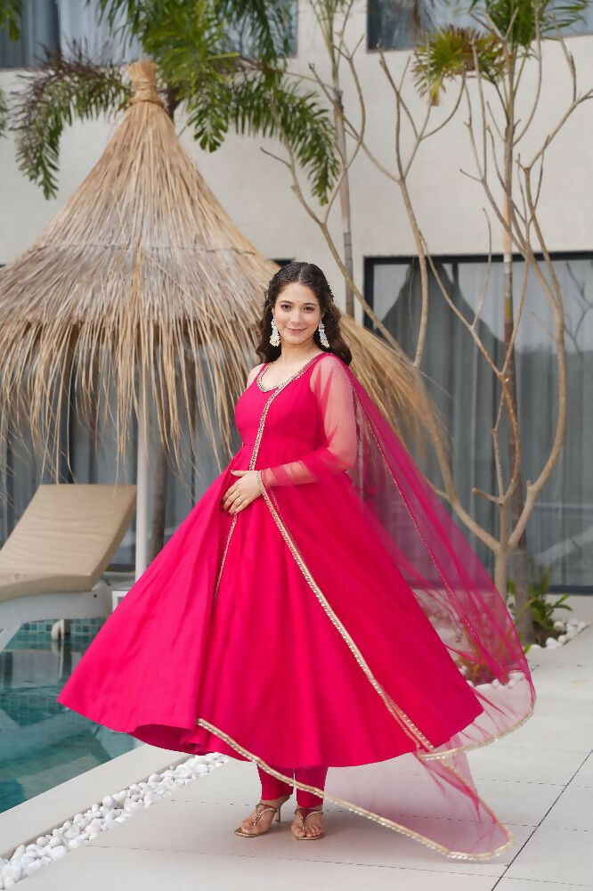 Rani Pink Chanderi Kurta Set with Sequence Embroidery Work