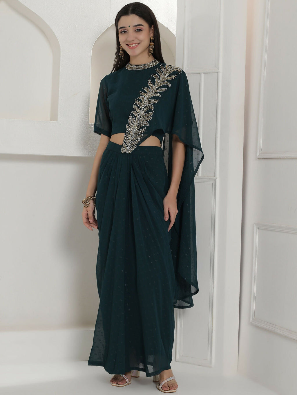 Green Georgette Drape Skirt Set with Hand Embellishment