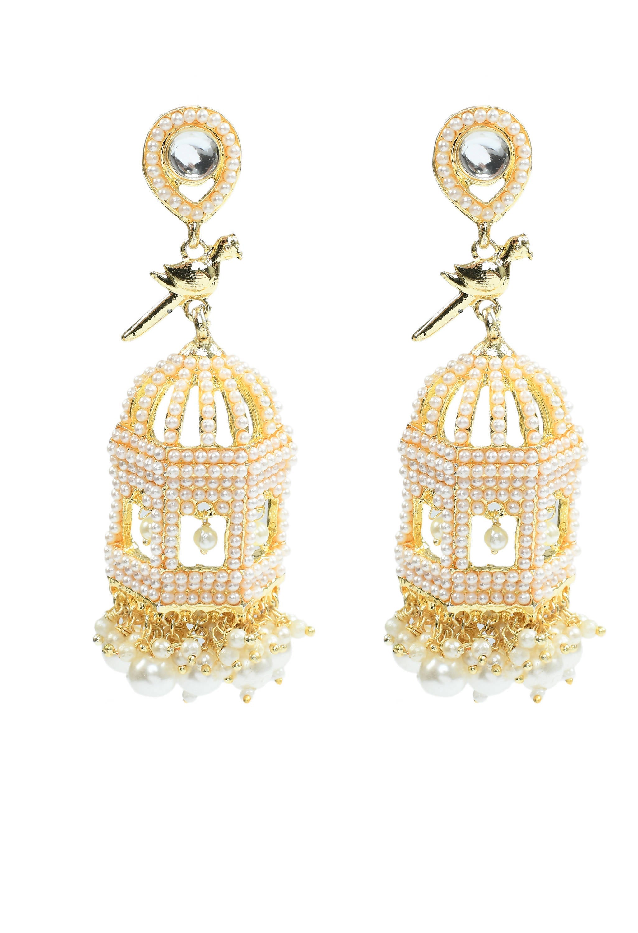 Golden bird nest style earrings with pearl accents