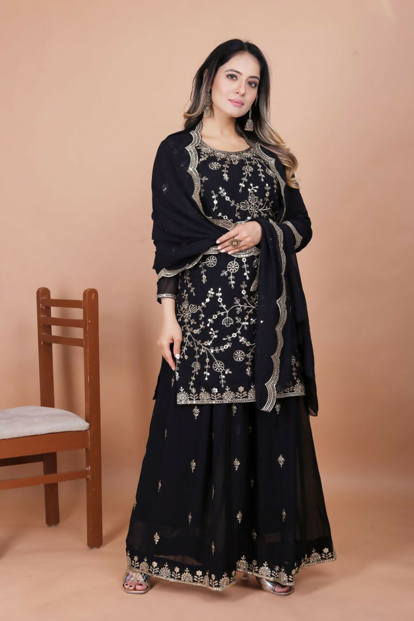 Black Georgette Embroidered Sharara Set for Festive Occasions