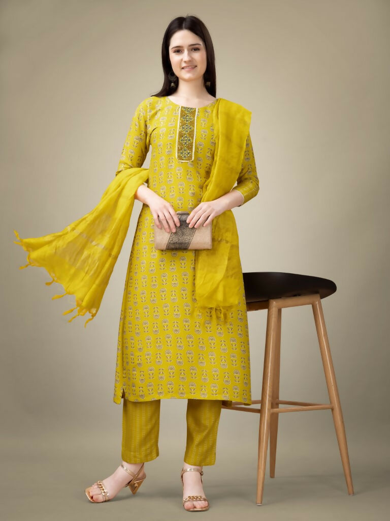 Yellow Rayon Straight Kurta Set with Embroidery and Sequence Work