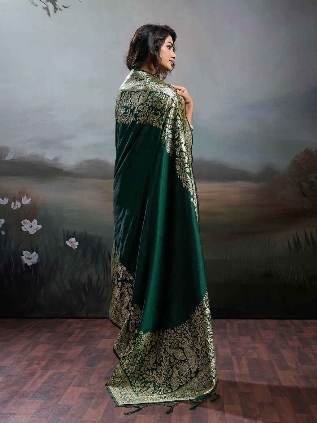 Dark Green Silk Blend Saree with Matching Blouse