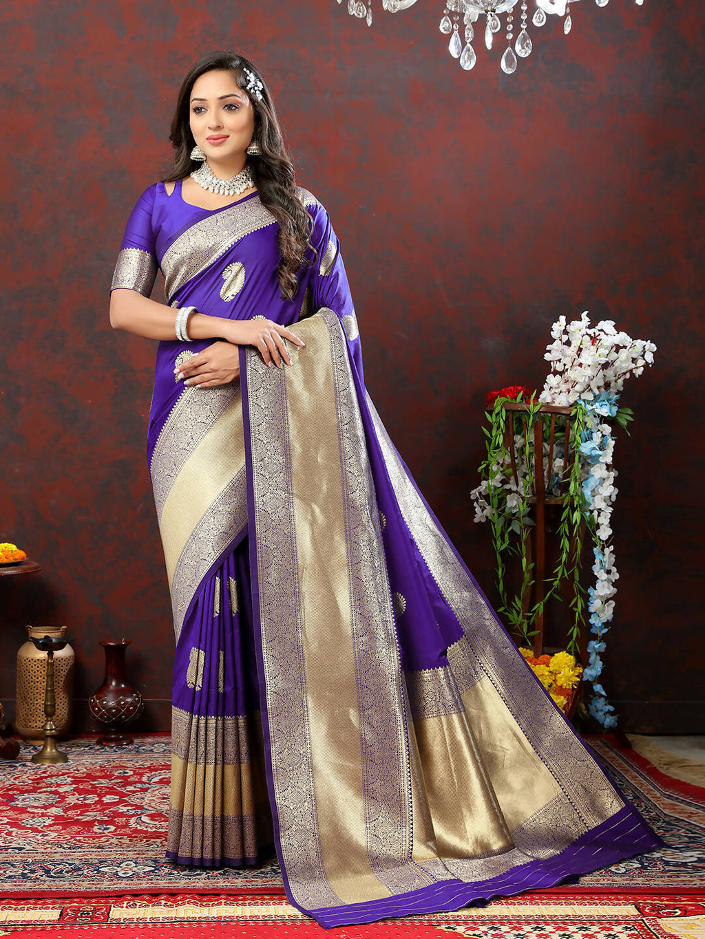 Purple Soft Silk Saree with Gold Zari Weaving Detail