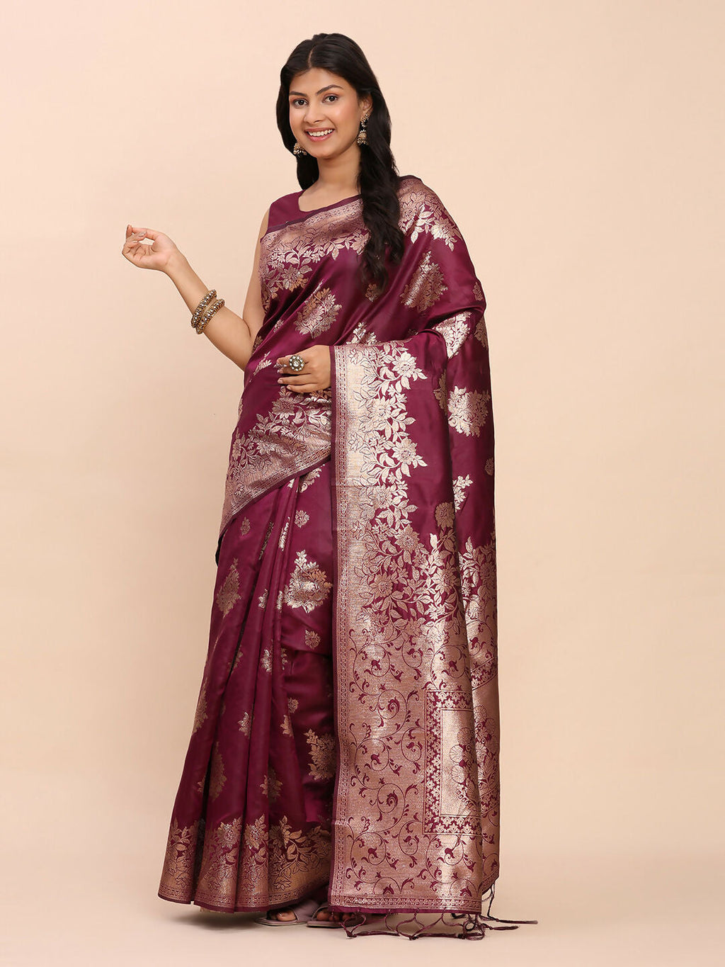 Purple Banarasi Silk Saree with Matching Blouse Piece