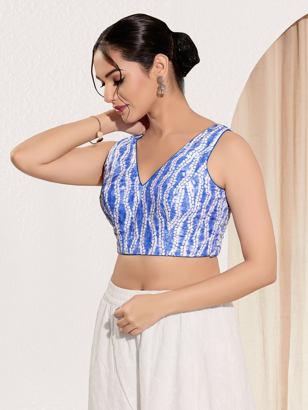 Blue Viscose Rayon Sleeveless Padded Blouse with V Neck