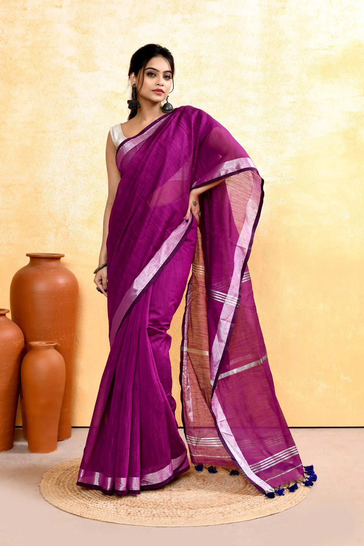 Magenta Cotton Blend Handloom Saree with Embellished Zari Border