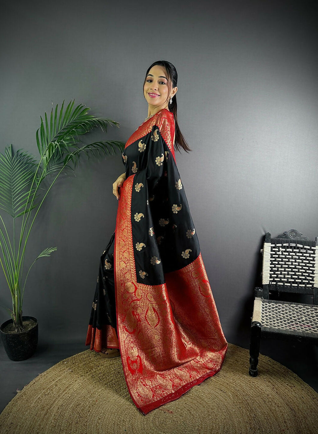 Black Banarasi Woven Butti Soft Silk Saree with Blouse Piece
