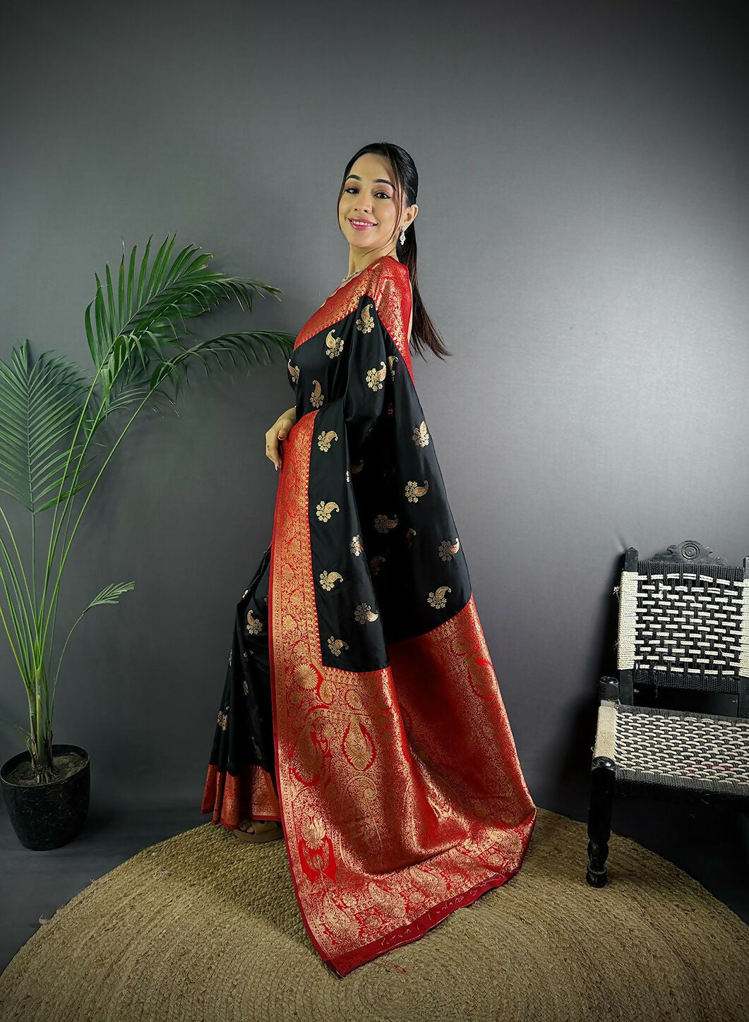 Black Banarasi Woven Butti Soft Silk Saree with Blouse Piece