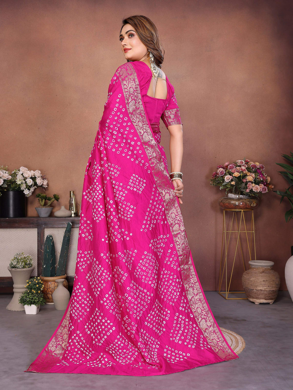 Pink Pure Dola Silk Saree with Handmade Original Bandhej
