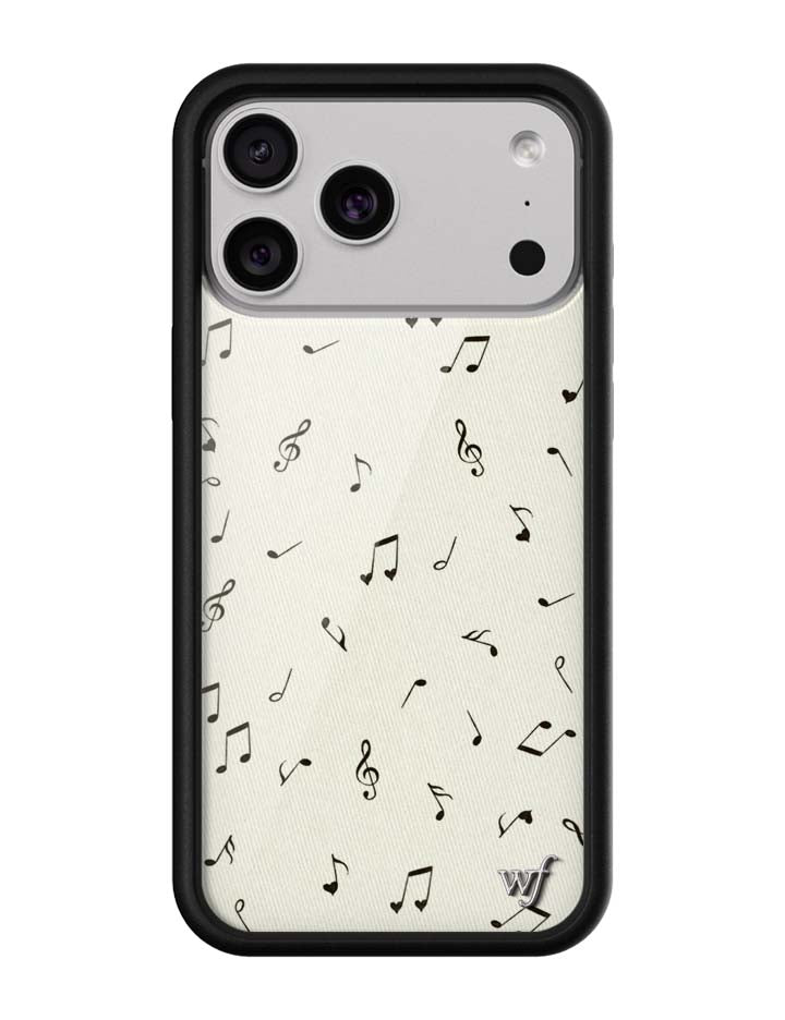Love Notes iPhone case with black musical note and heart pattern on a cream background, surrounded by a black rubber bumper.