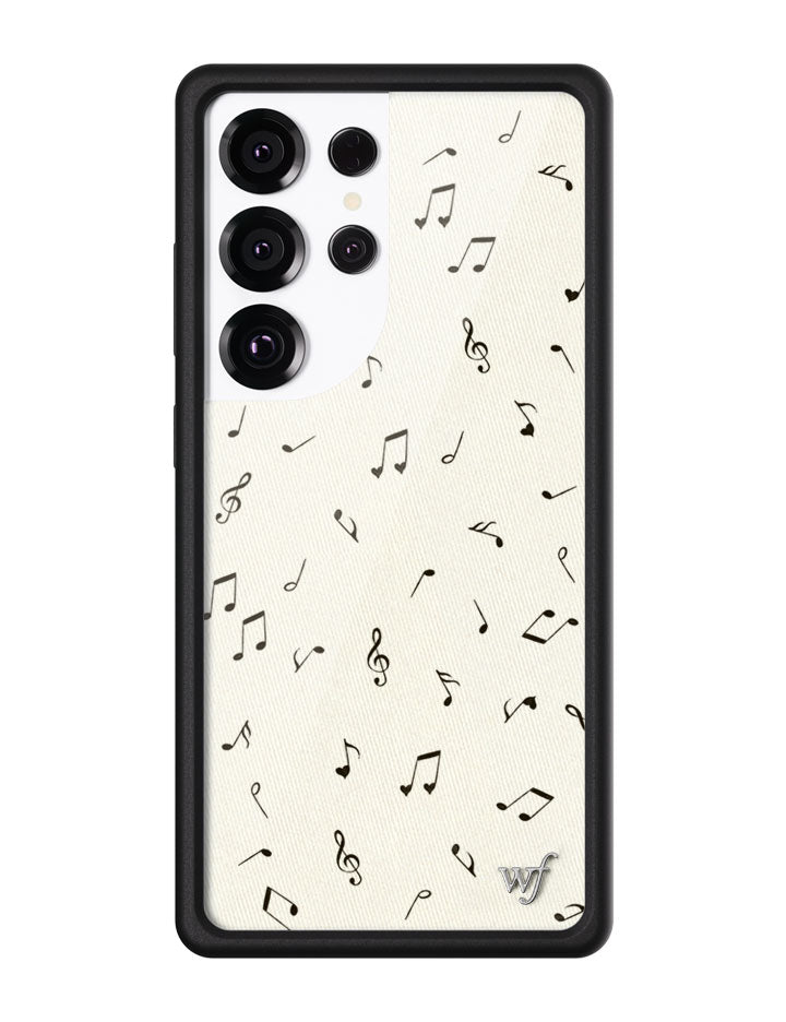 Samsung Galaxy phone case with cream background and black musical note and heart pattern featuring black protective bumpers.