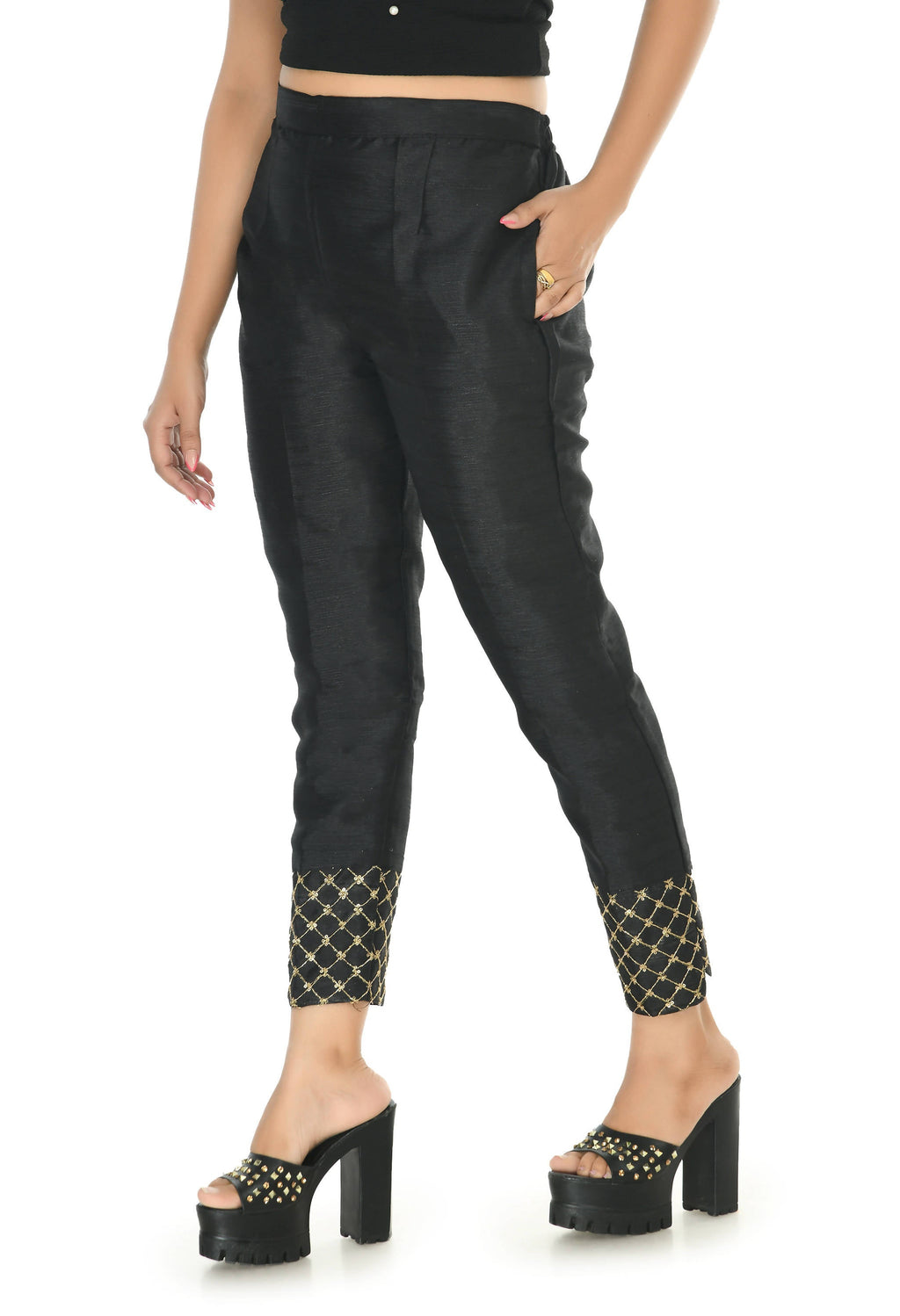 Women's Black Moeza Silk Ankle Pant Slip-On Trousers