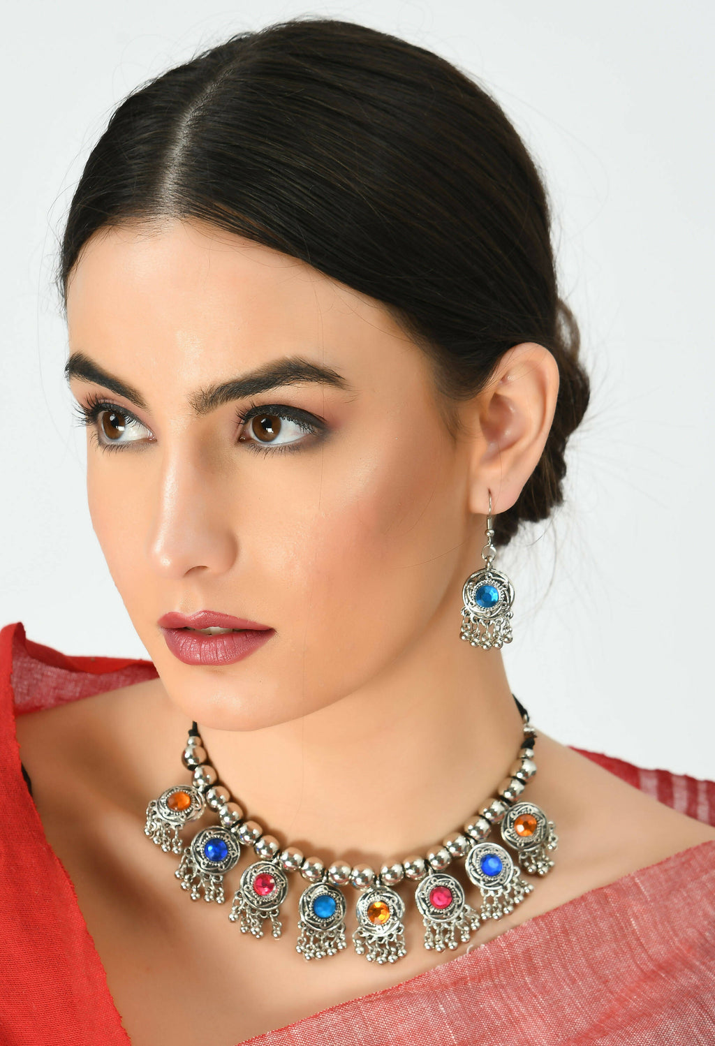 Oxidised Silver-Plated Kundan Choker with Multi-Color Stones