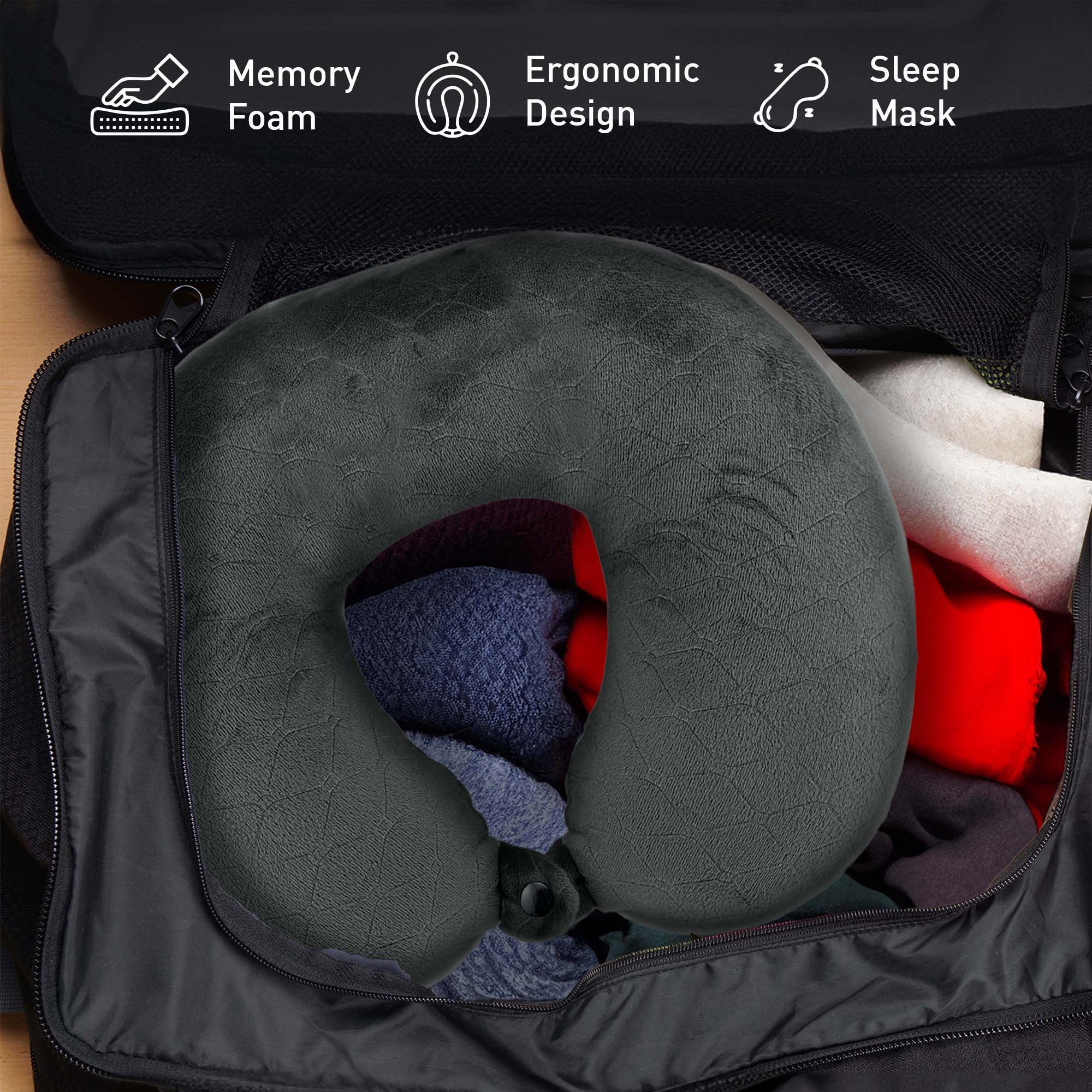 Pursonic Travel Comfort & Relief Bundle – Memory Foam Travel Pillow with Sleep Mask + Portable Neck & Shoulder Adjustable Massaging Wrap