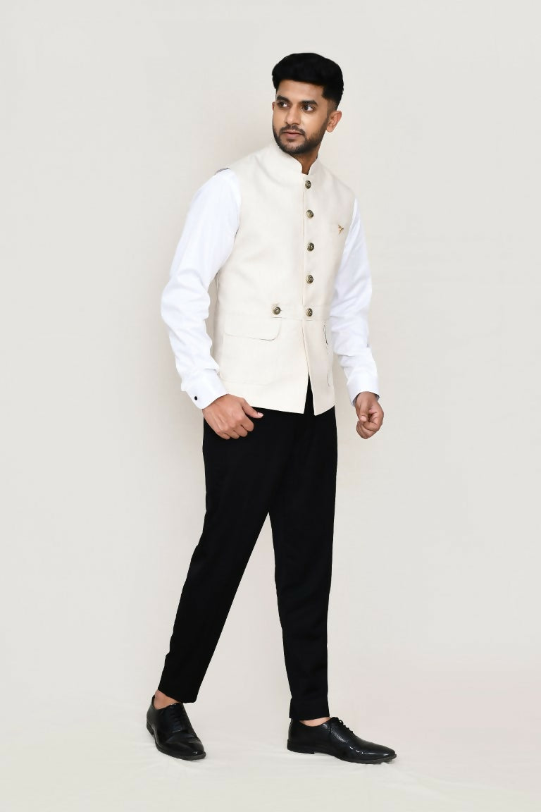 Luxurious white art silk kurta and jacket set with straight trousers