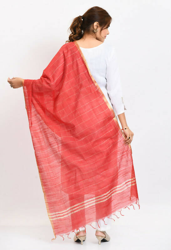 Red Cotton Zari Box Pattern Dupatta for Daily Ethnic Wear