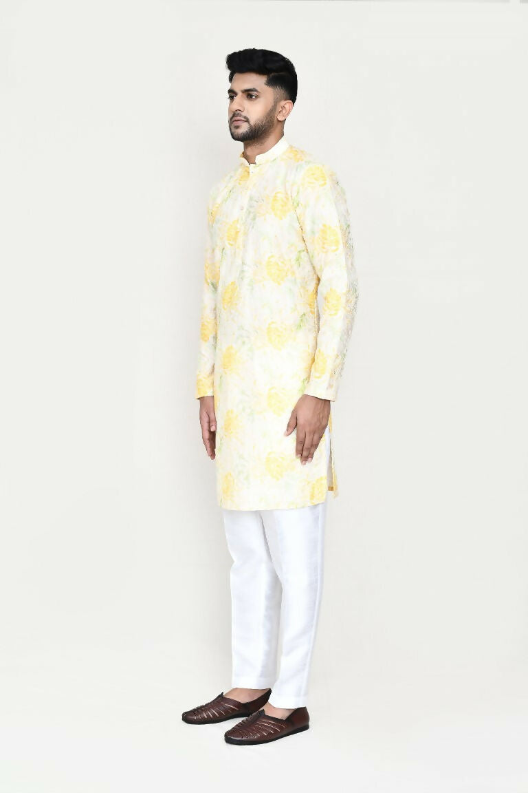 Yellow Rayon Digital Print Kurta with Straight Fit Pant