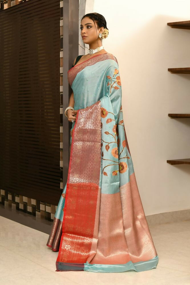 Joban Fashion CGren & Orange Saree Kataan Applick Witch Mirror