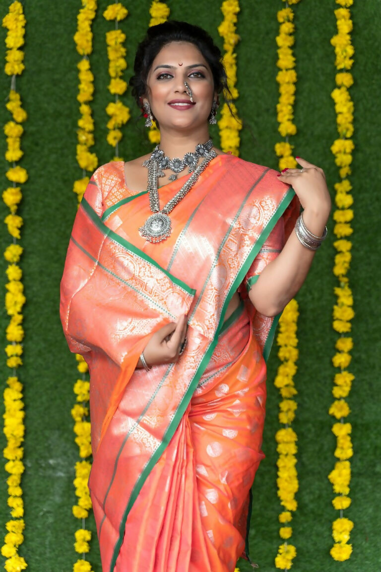 Peach Soft Handloom Silk Saree with Zari Woven Border & Blouse