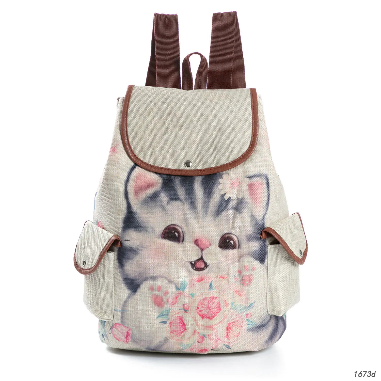 Cat Print Student Backpack, Linen Women's Backpack