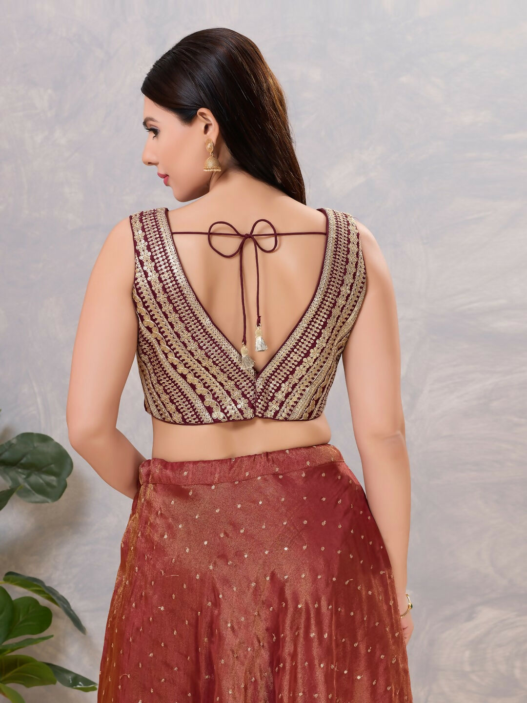 Women's Wine Sequin V-Neck Stitched Blouse for Sarees
