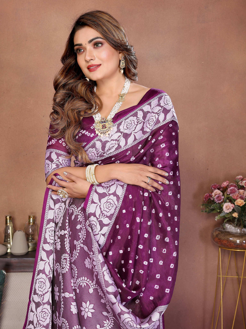 Wine Viscose Silk Saree with Handmade Original Bandhej