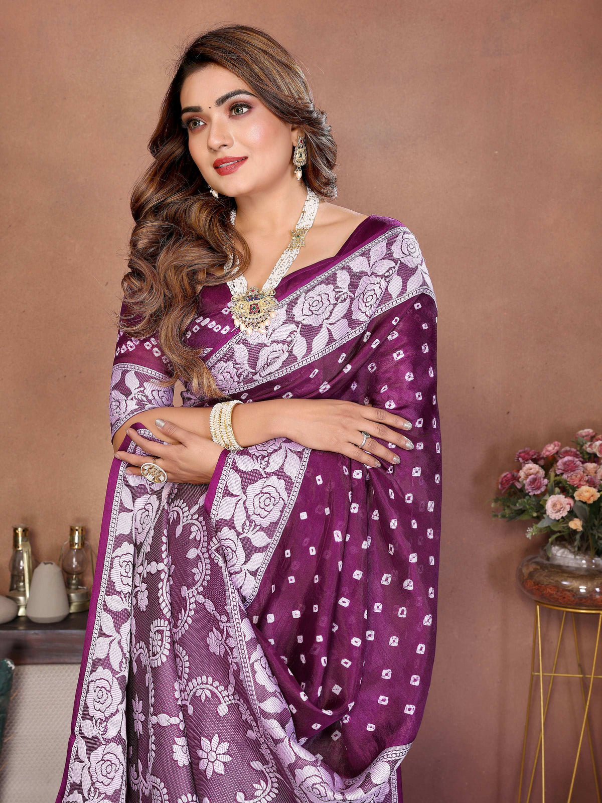 Wine Viscose Silk Saree with Handmade Original Bandhej