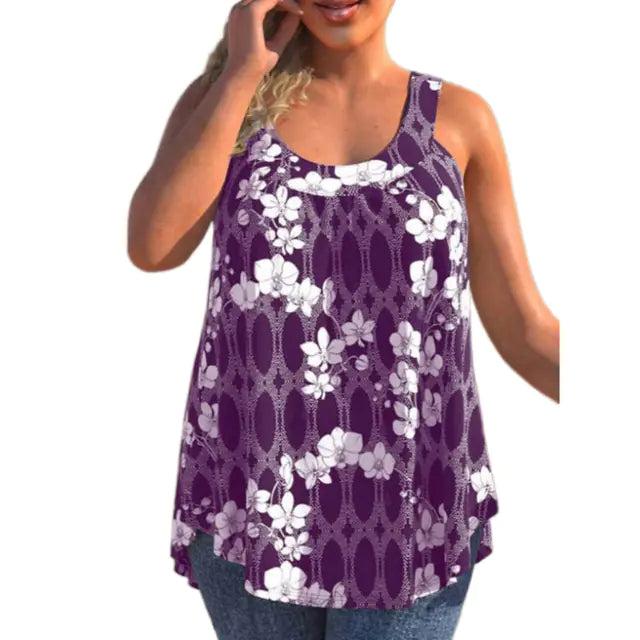 Women Floral Print Round Neck Sleeveless Tank Top Casual Loose - Image 9